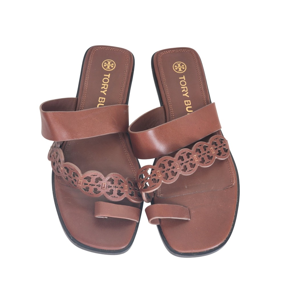 Tory Burch Brown Leather Tiny Miller Laser Cut Toe Ring Flat Sandals 9 79668 - Picture 3 of 6